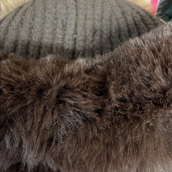 Anthropologie New One Size Brown Ribbed Knit Hat with Faux Fur Trim main image 2